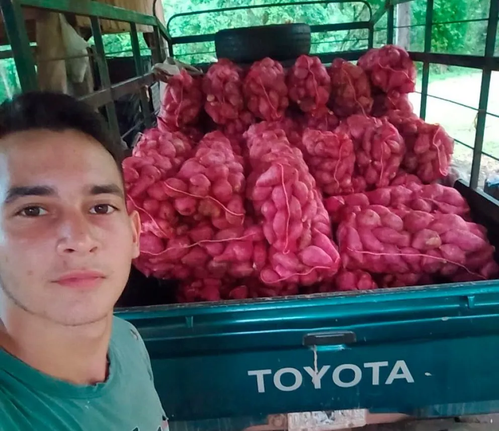 Ricardo muestra la camioneta familiar llena de bolsas de batatas.