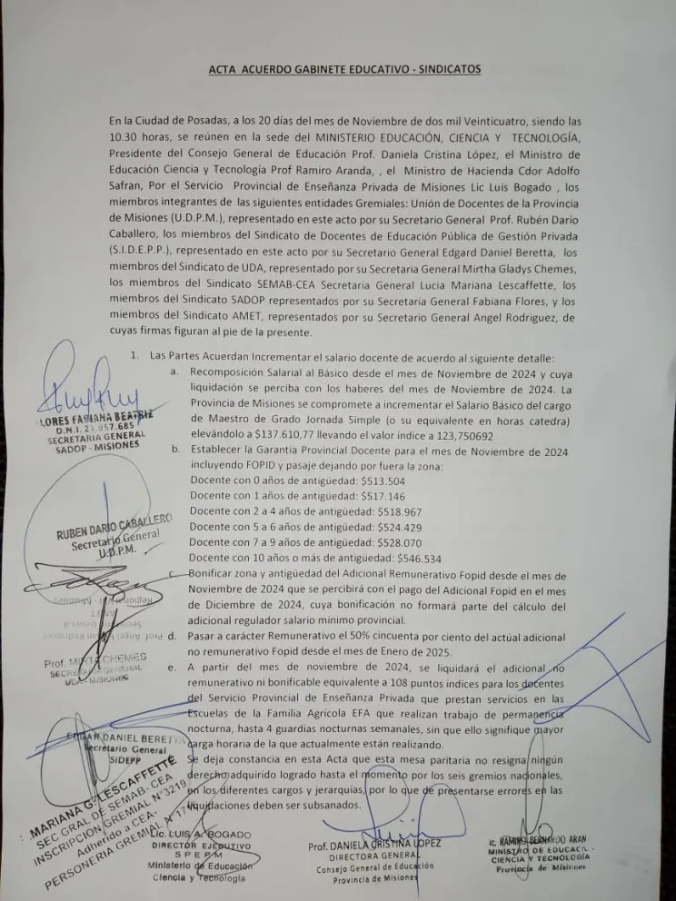 Gremios y autoridades acordaron aumento en el salario básico docente