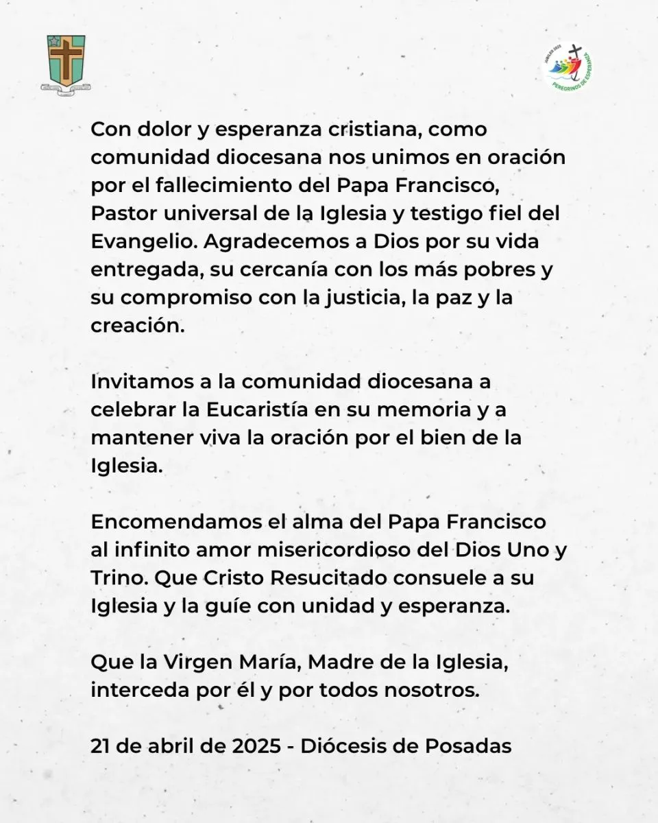La diócesis de Posadas se une en oración por el fallecimiento del Papa Francisco imagen-8