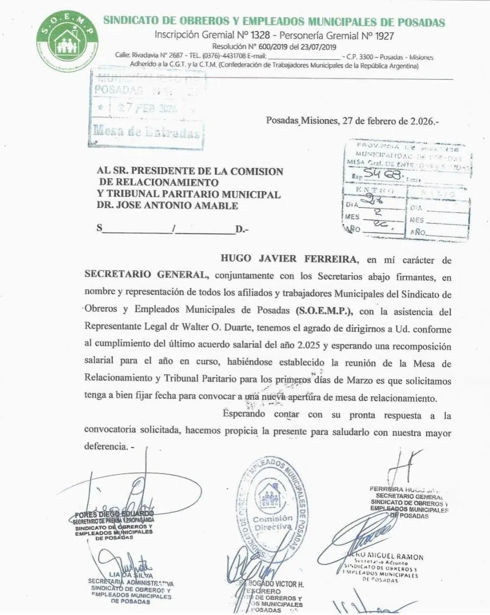 El Soemp pidió la apertura de paritarias 2026 al Ejecutivo municipal imagen-8