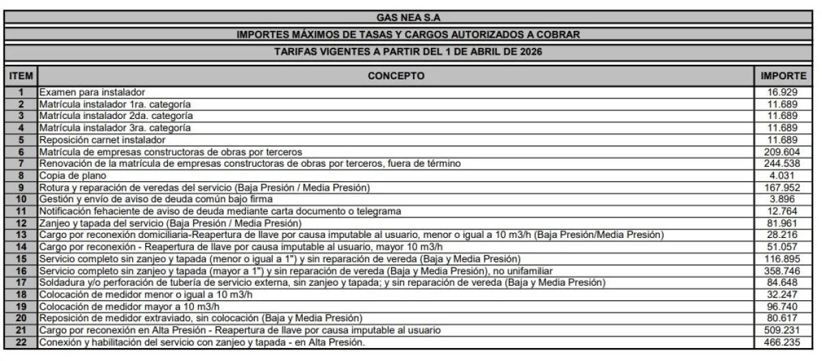 Gas NEA dio a conocer los cuadros tarifarios a partir de abril imagen-10