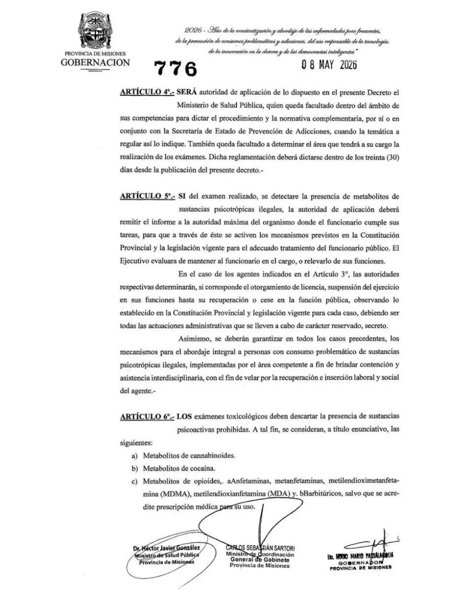 Misiones establece la obligatoriedad de exámenes toxicológicos para funcionarios estatales imagen-6