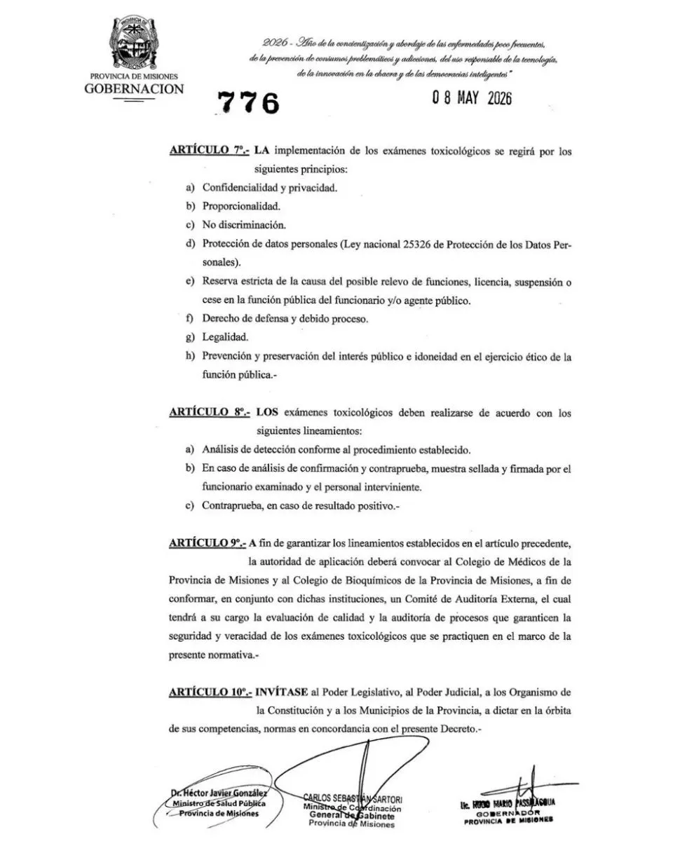 Misiones establece la obligatoriedad de exámenes toxicológicos para funcionarios estatales imagen-8