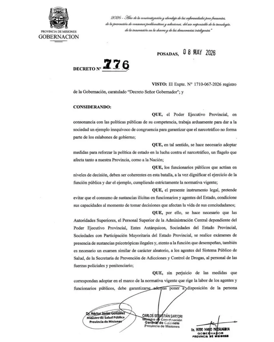 Misiones establece la obligatoriedad de exámenes toxicológicos para funcionarios estatales imagen-10