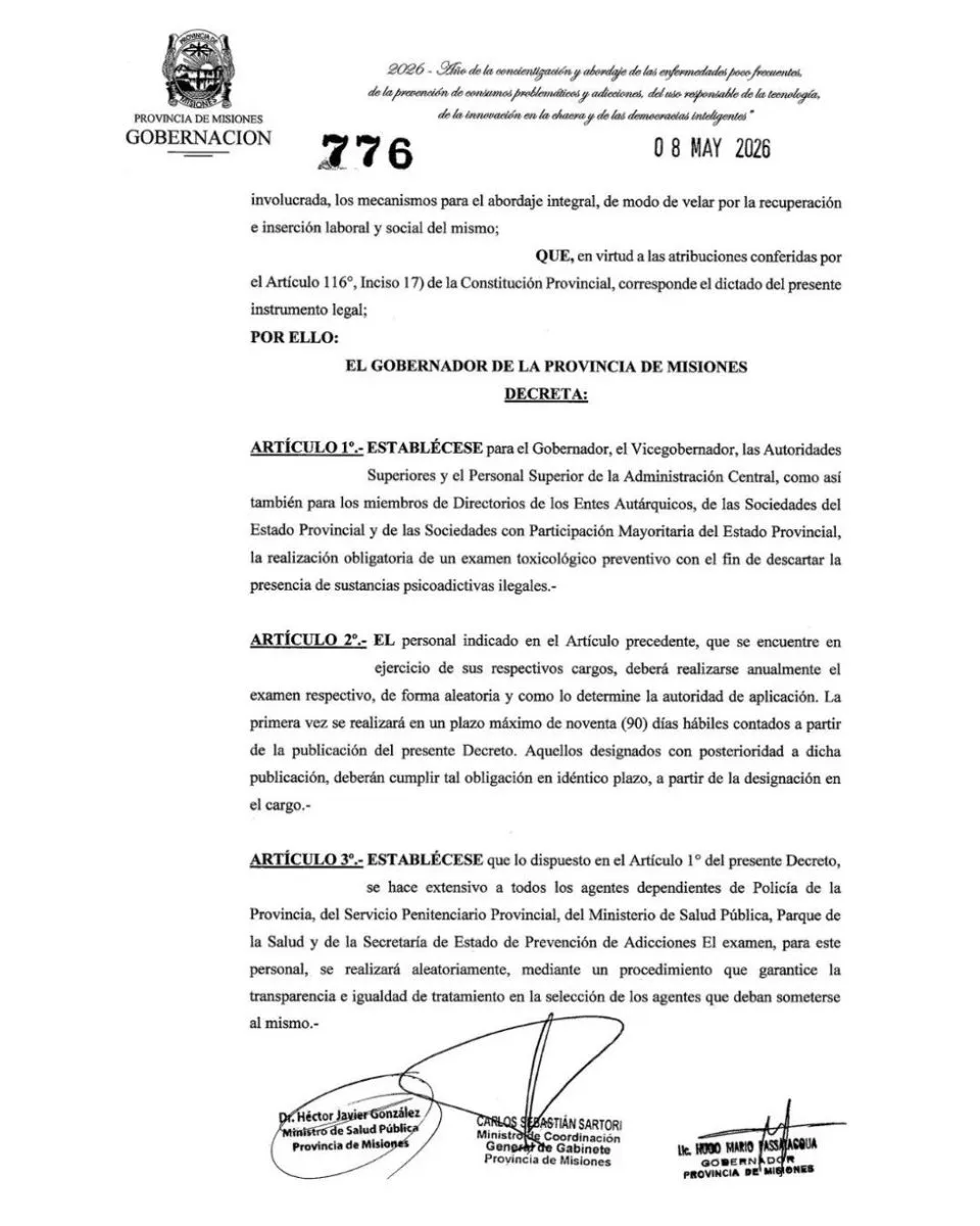 Misiones establece la obligatoriedad de exámenes toxicológicos para funcionarios estatales imagen-12