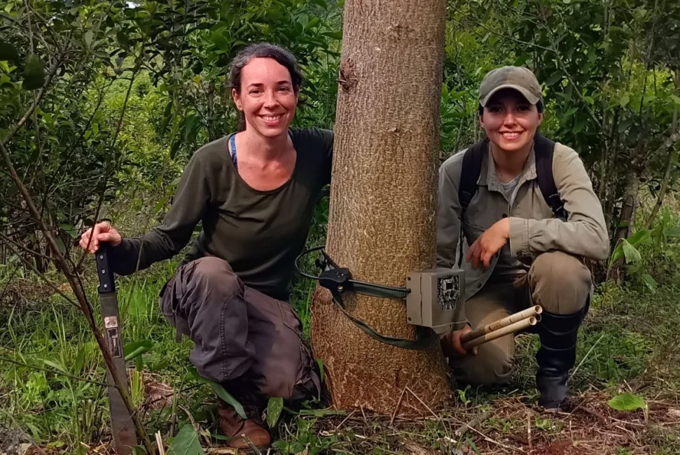 La investigadora Paula Cruz (izquierda) junto a la guardaparque Victoria Gross, colocando las cámaras trampa.  